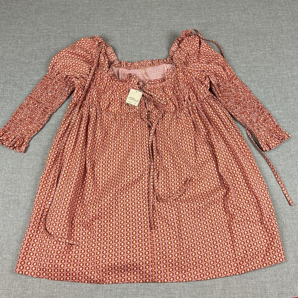Free People Dress Womens Medium Pink Square Neck Puff Sleeve Smocked Mini Print
